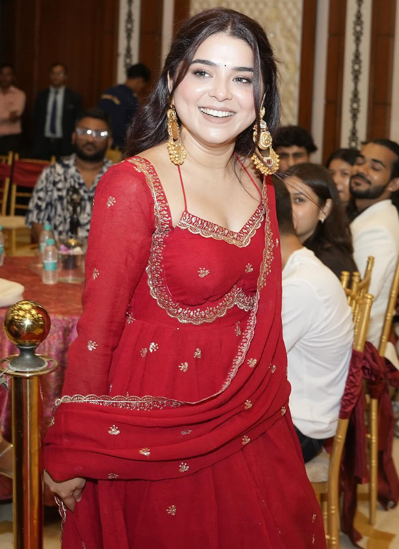 Faux Georgette Red Festival Wear Embroidery Work Readymade Anarkali Gown 384613