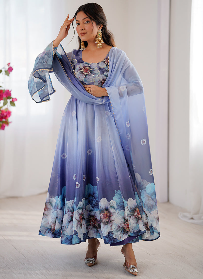 Organza Blue Festival Wear Digital Print Work Readymade Gown 384607