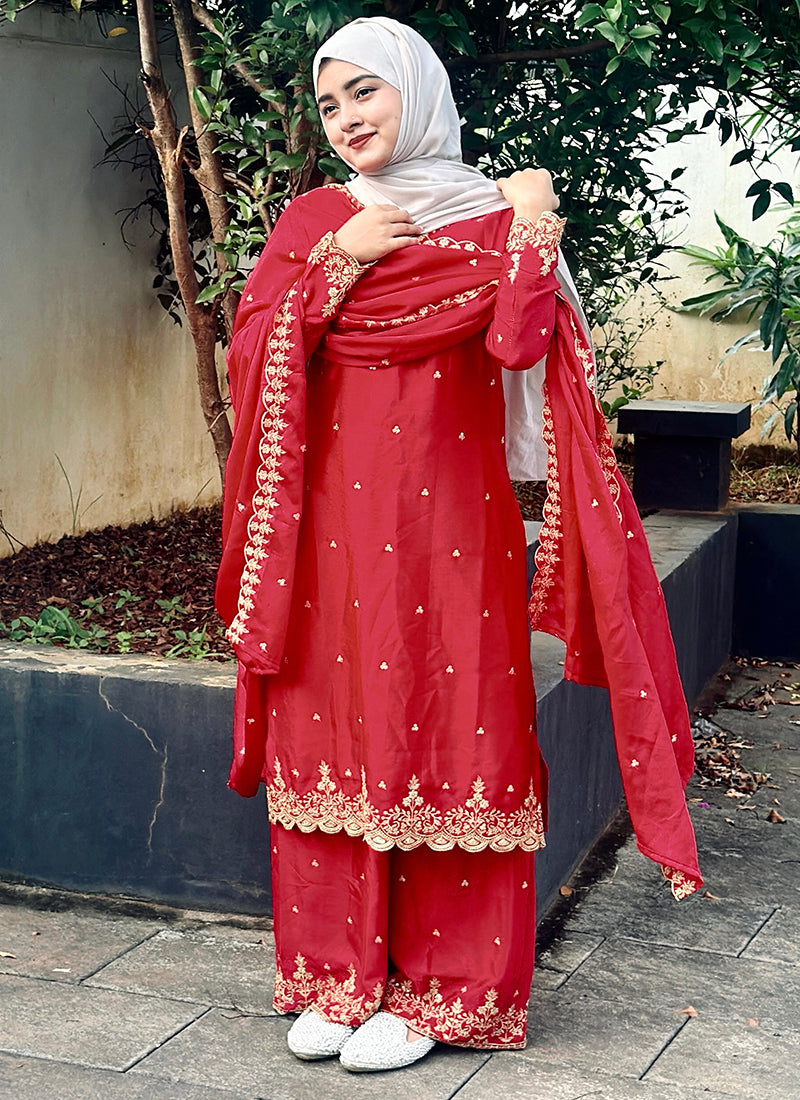 Chinon Silk Orange Eid Wear Embroidery Work Readymade Plazzo Suit 387197