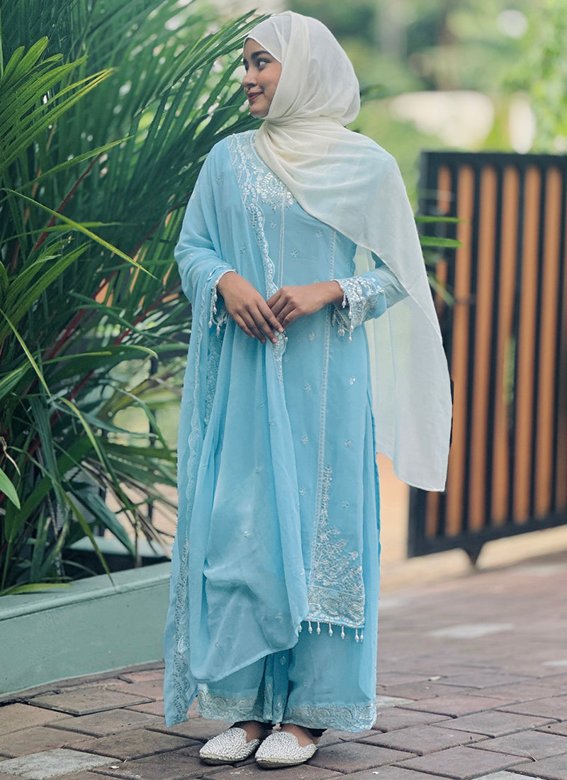 Faux Georgette Sky Blue Eid Wear Embroidery Work Readymade Plazzo Suit 387200