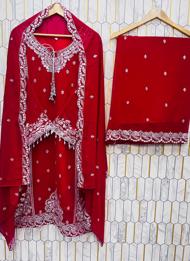 Faux Georgette Red Eid Wear Embroidery Work Readymade Plazzo Suit 387201