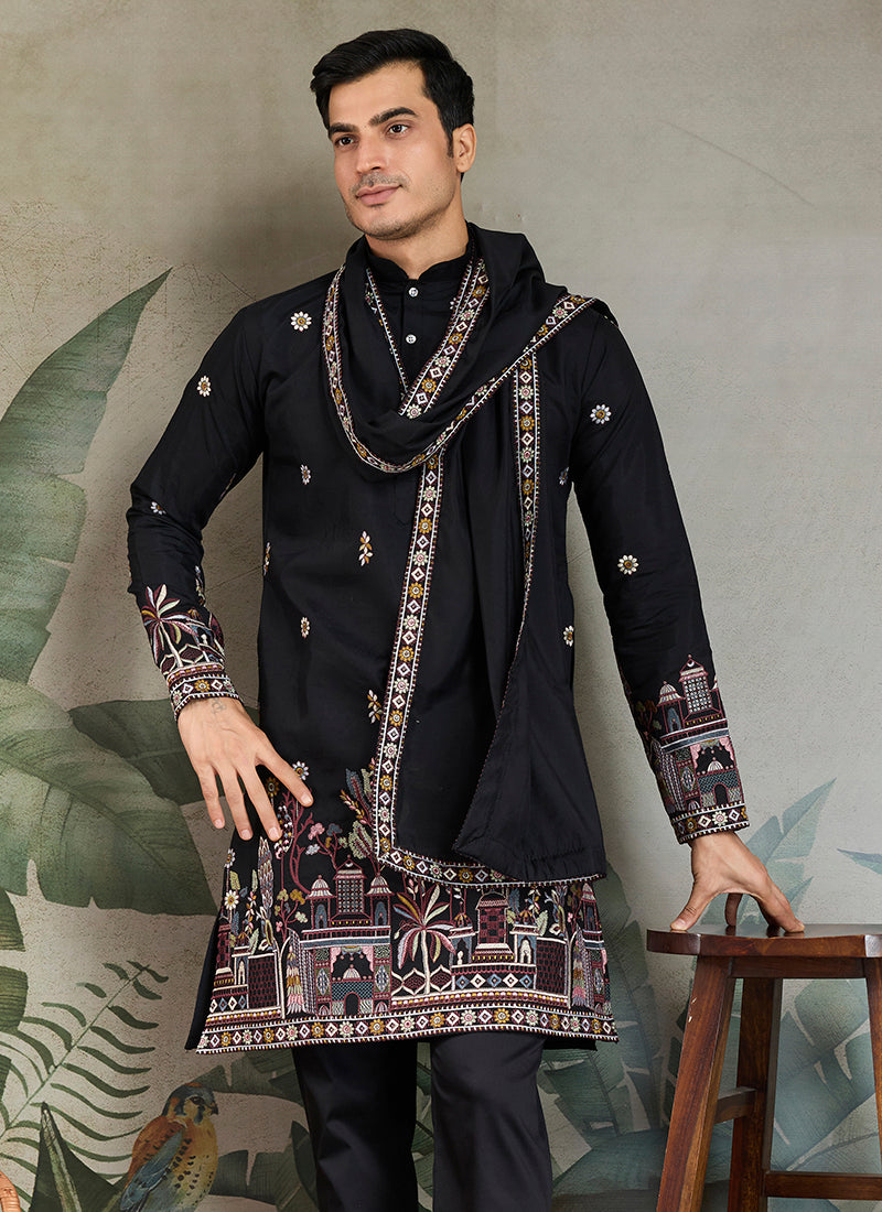 Viscose Silk Jet Black Party Wear Embroidery Work Readymade Kurta With Dupatta 377164