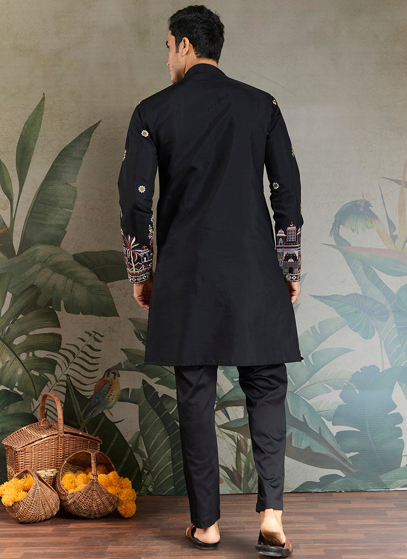 Viscose Silk Jet Black Party Wear Embroidery Work Readymade Kurta With Dupatta 377164