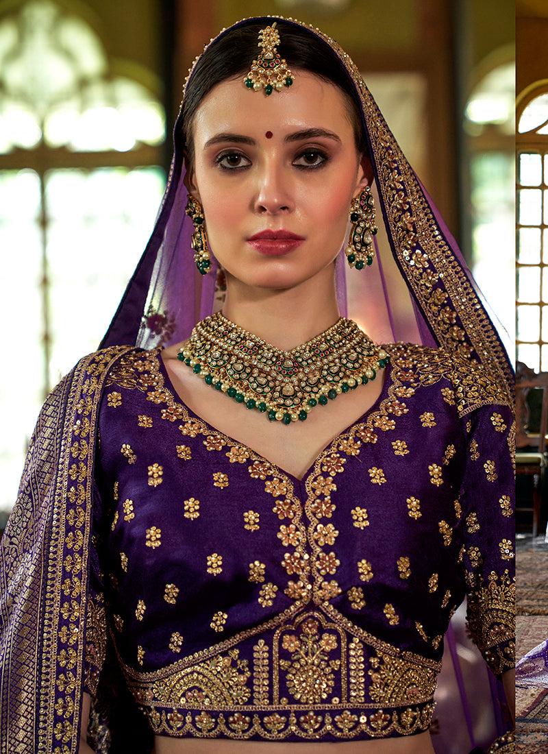 Tone Silk Royal Purple Bridal Lehenga Choli with Sequin Work for Bridal Wear 384010