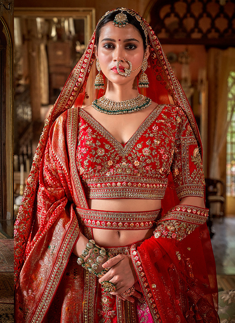 Tone Silk Red Bridal Lehenga Choli with Sequin Work for Bridal Wear 384015