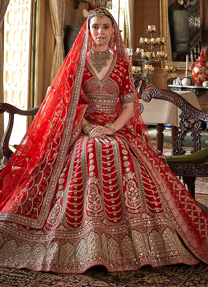 Tone Silk Red Bridal Lehenga Choli with Sequin Work for Bridal Wear 384016