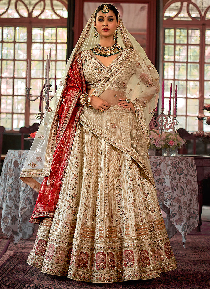Tone Silk Ivory Bridal Lehenga Choli with Sequin Work for Bridal Wear 384019