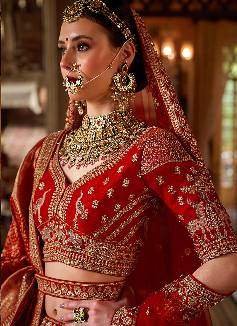 Tone Silk Red Bridal Lehenga Choli with Sequin Work for Bridal Wear 384021