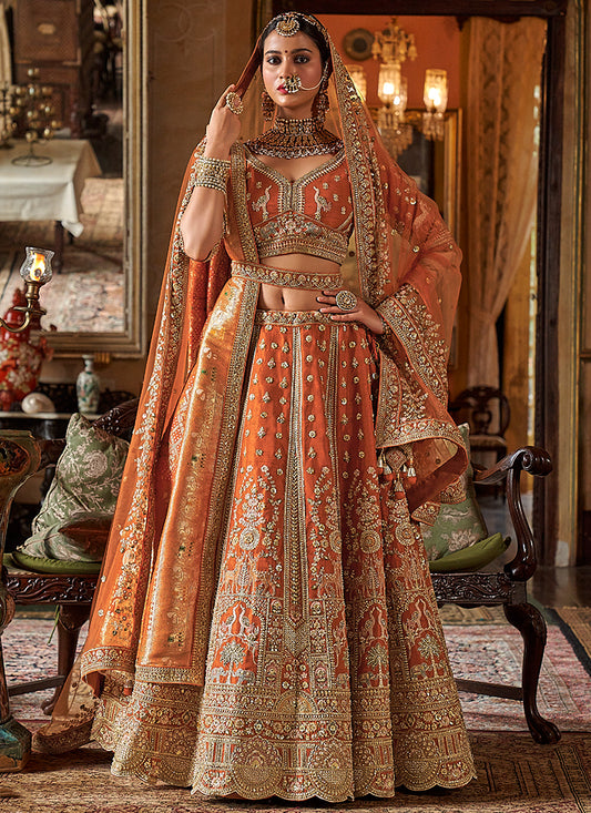 Tone Silk Orange Bridal Lehenga Choli with Sequin Work for Bridal Wear 384022