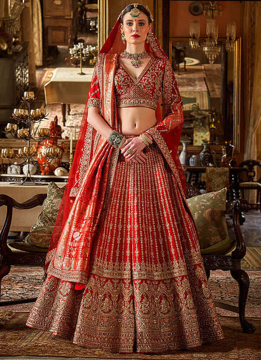 Tone Silk Rust Orange Bridal Lehenga Choli with Sequin Work for Bridal Wear 384024