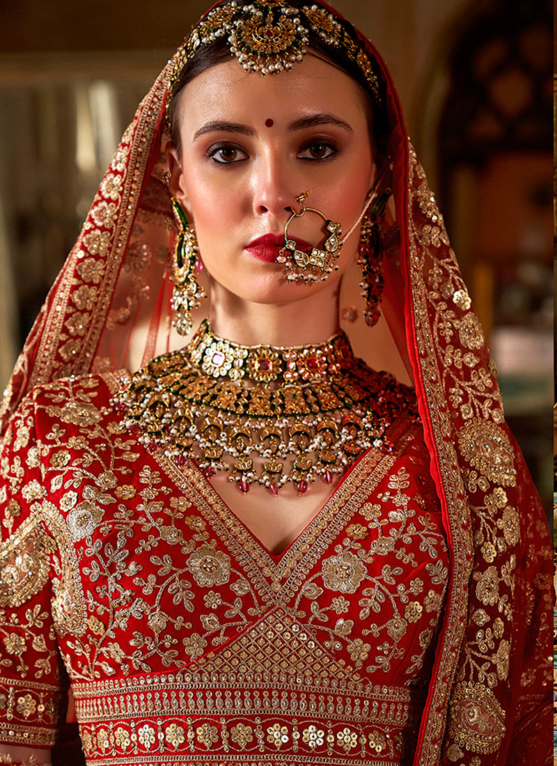 Tone Silk Red Bridal Lehenga Choli with Sequin Work for Bridal Wear 384025