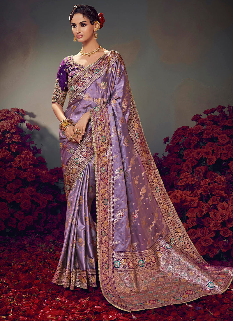 Fancy Fabric Lavender Wedding Wear Embroidery Work Saree 385867