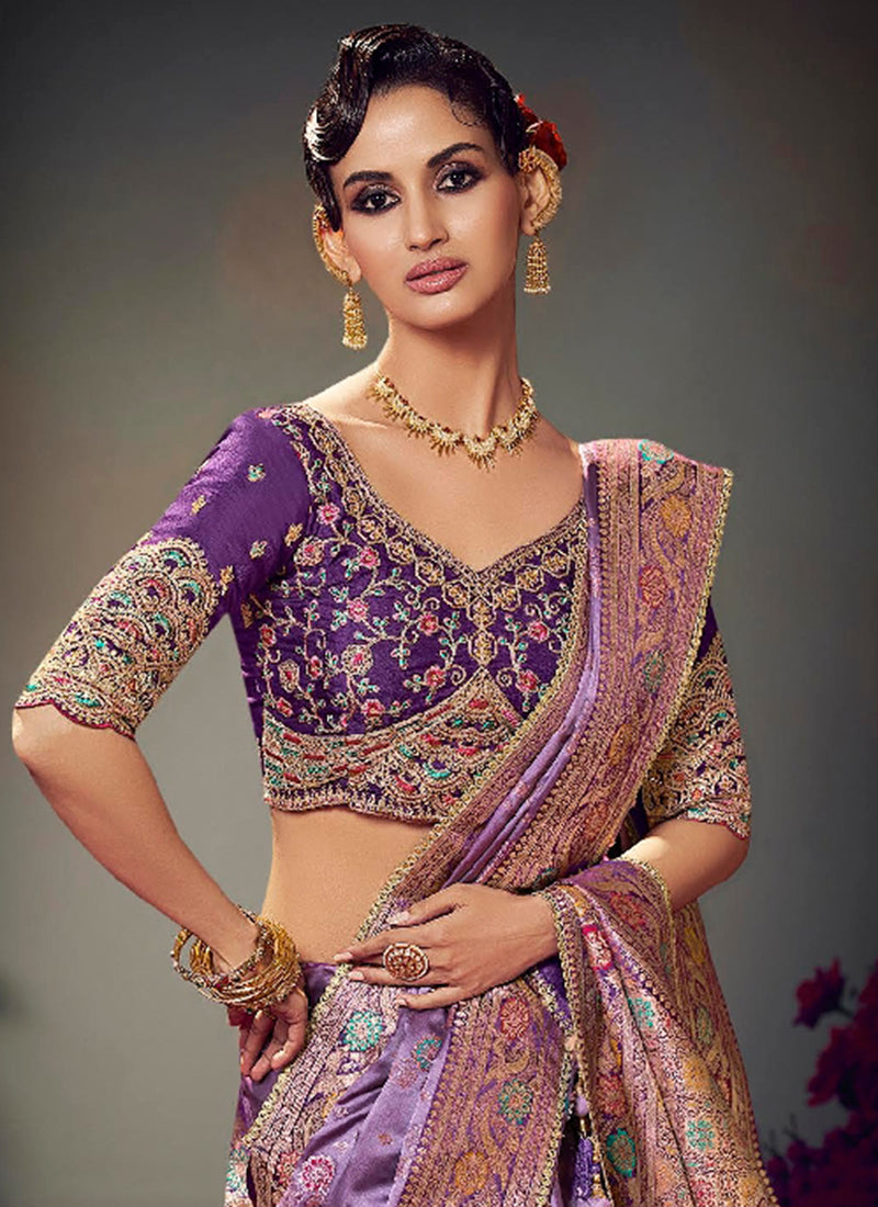 Fancy Fabric Lavender Wedding Wear Embroidery Work Saree 385867