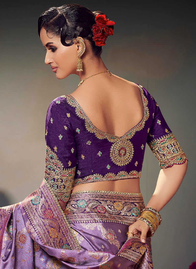 Fancy Fabric Lavender Wedding Wear Embroidery Work Saree 385867