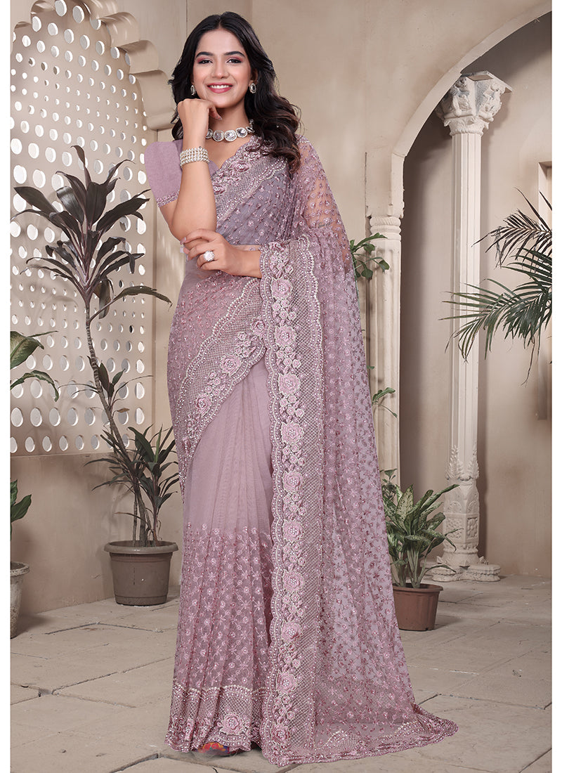 Net Lavender Saree with Thread Work for Festival Wear 380464