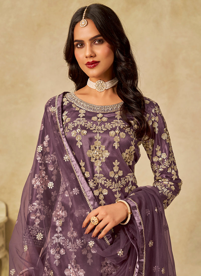 Net Lavender Wedding Wear Embroidery Work Palazzo Suit 385171