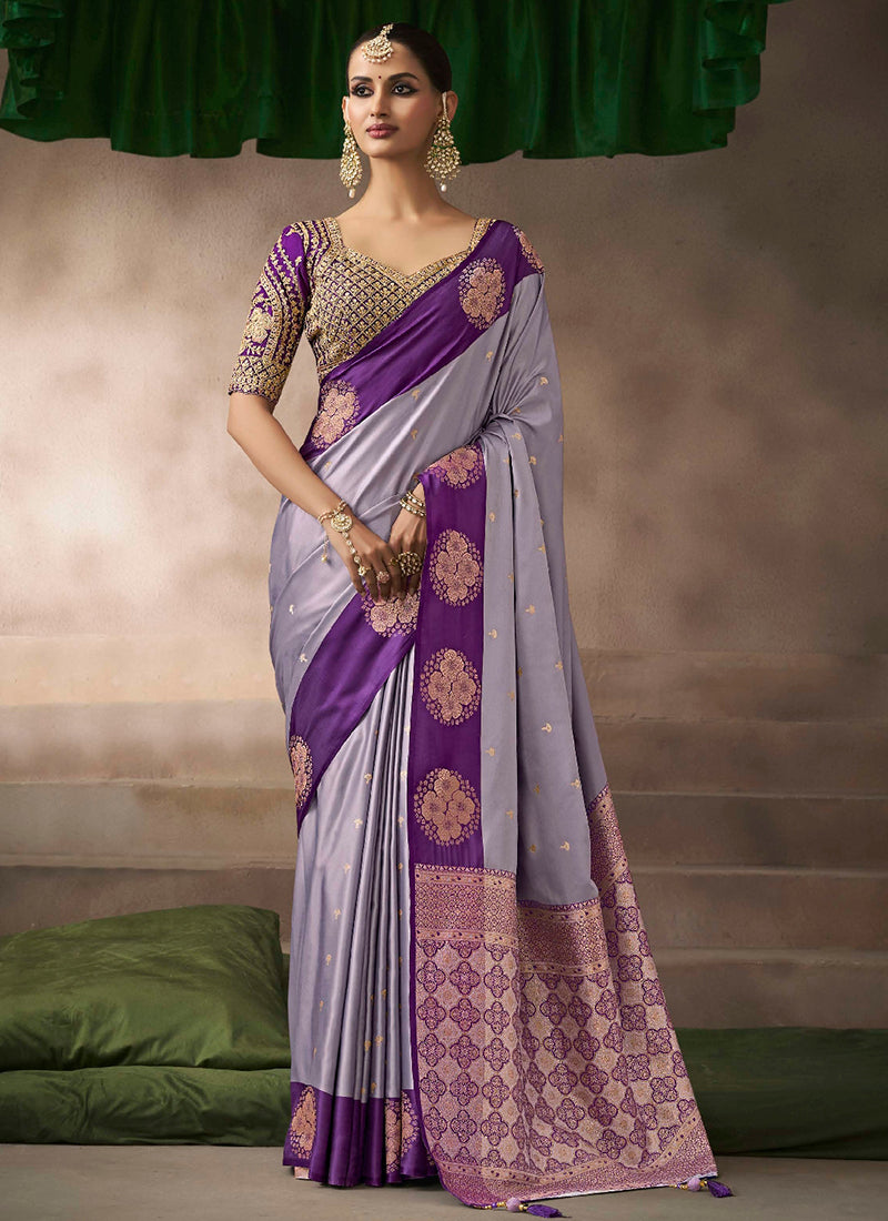 Satin Silk Lavender Saree with Zari Work for Occasional Wear 383506