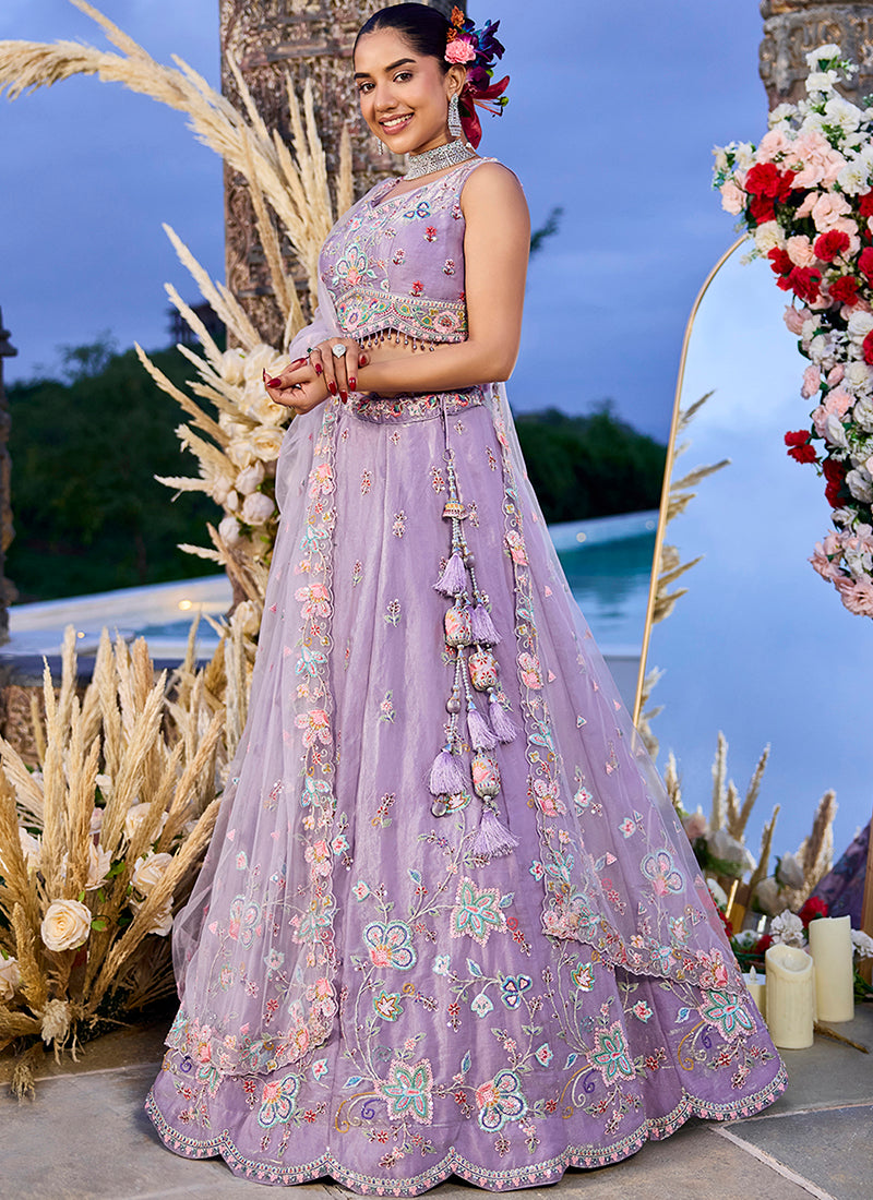 Lavender Satin Silk Embroidery Work Wedding Wear Readymade Lehenga Choli