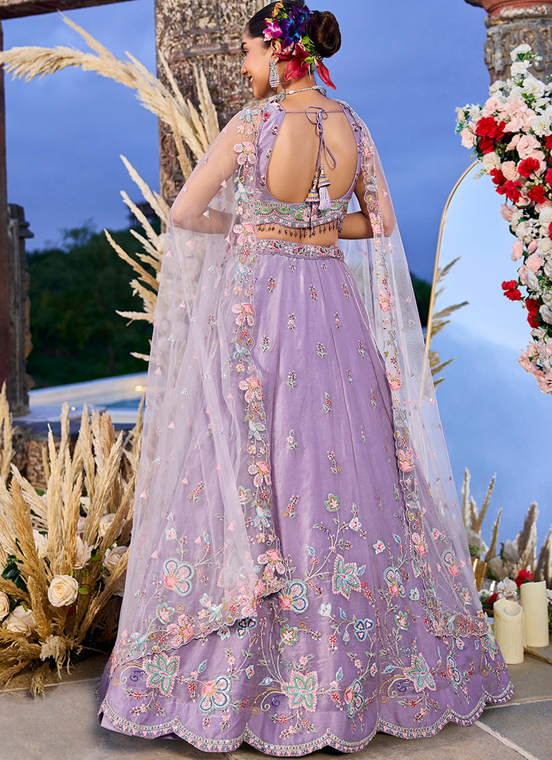 Lavender Satin Silk Embroidery Work Wedding Wear Readymade Lehenga Choli