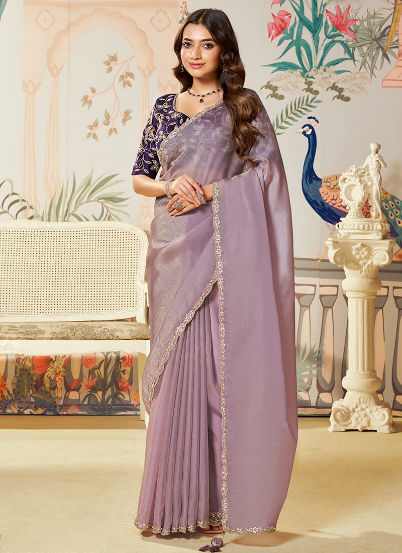 Silk Lavender Saree with Embroidery Work for Festival Wear 385032