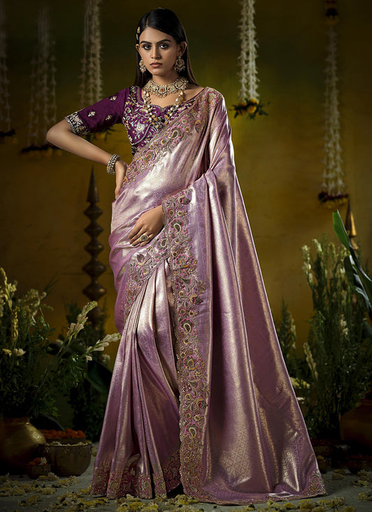 Silk Lavender Saree with Embroidery Work for Wedding Wear 382434