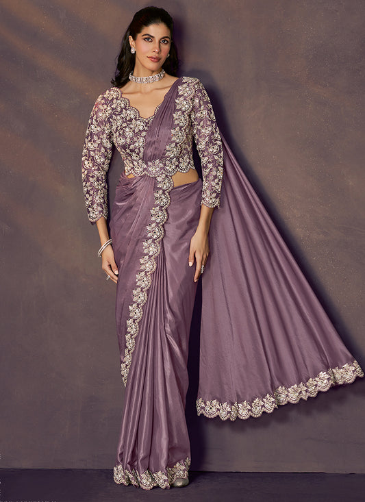 Soft Satin Silk Lavender Wedding Wear Sequins Embroidery Ready To Wear Saree 386144