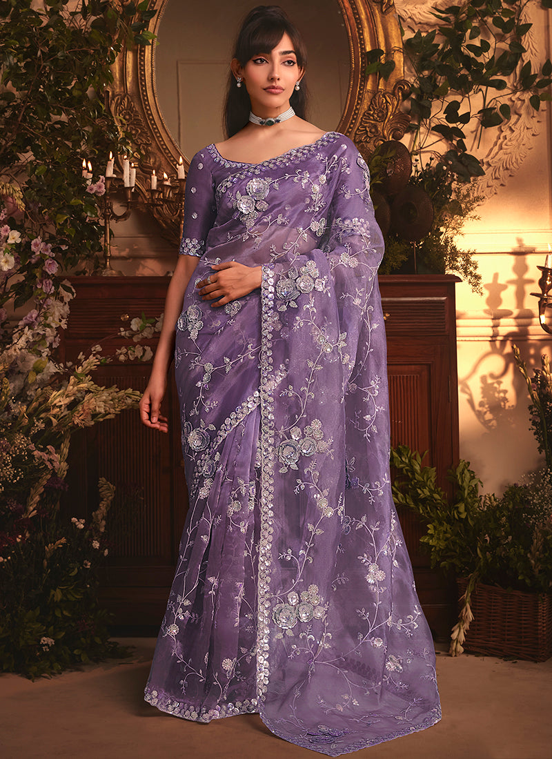 Tissue Organza Lavender Saree with Sequin Work for Wedding Wear 383990
