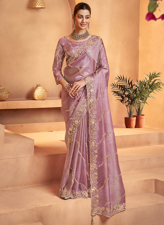 Tissue Lavender Saree with Sequin Work for Wedding Wear 381703