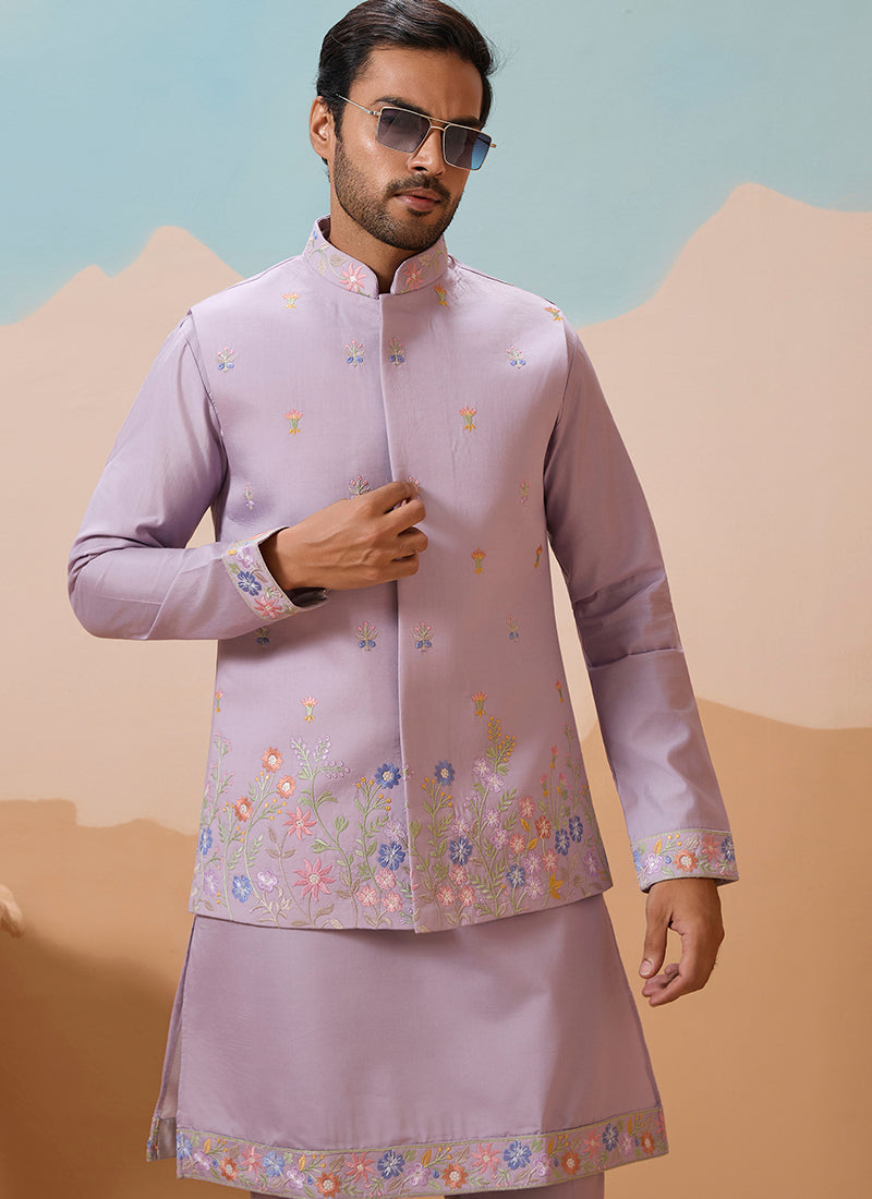 Viscose Silk Lavender Festival Wear Embroidery Work Readymade Modi Jacket Kurta Pajama 385584