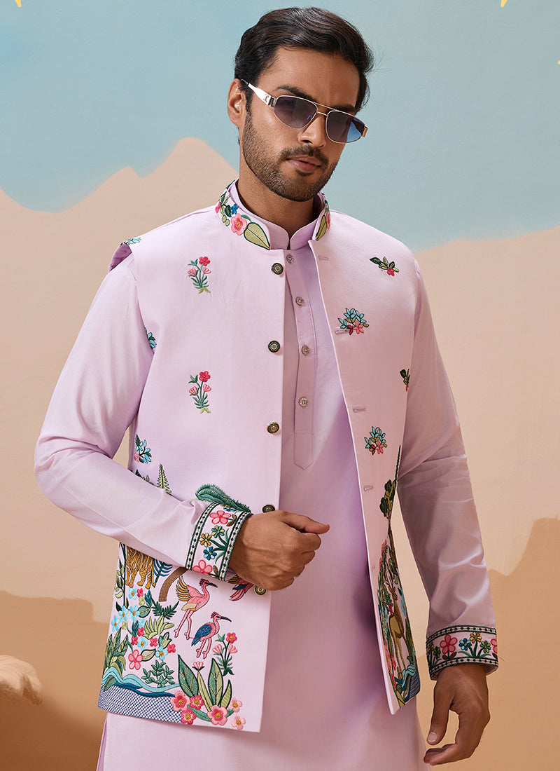 Viscose Silk Lavender Festival Wear Sequins Embroidery Work Readymade Modi Jacket Kurta Pajama 388285