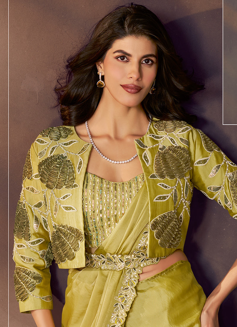 Satin Silk Lemon Green Wedding Wear Sequins Embroidery Ready To Wear Saree 386139