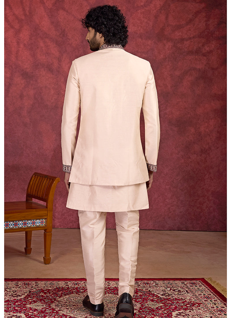 Art Silk Light Brown Wedding Wear Embroidery Work Readymade IndoWestern Sherwani 387380