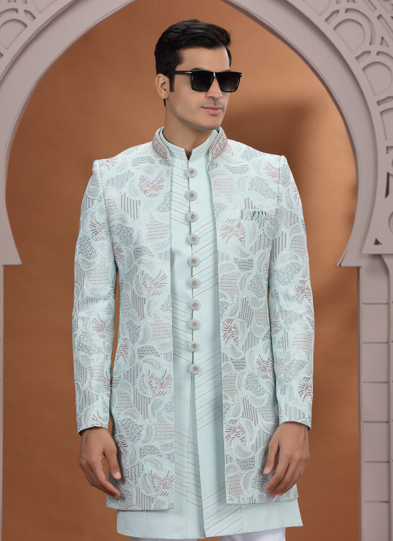 Art Silk Light Green Wedding Wear Embroidery Work Readymade Indo Western Sherwani 386016