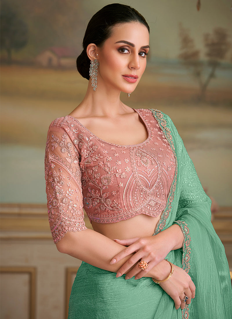 Georgette Light Green Party Wear Embroidery Work Saree 386400