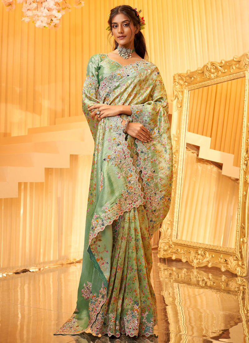 Light Green Giraffe Viscose Silk Zari Work Wedding Wear Wedding Saree SW659581