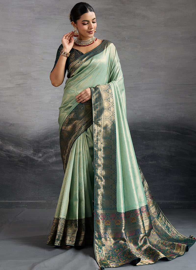 Kanjivaram Silk Light Green Saree with Zari Woven Work for Festival Wear 383037