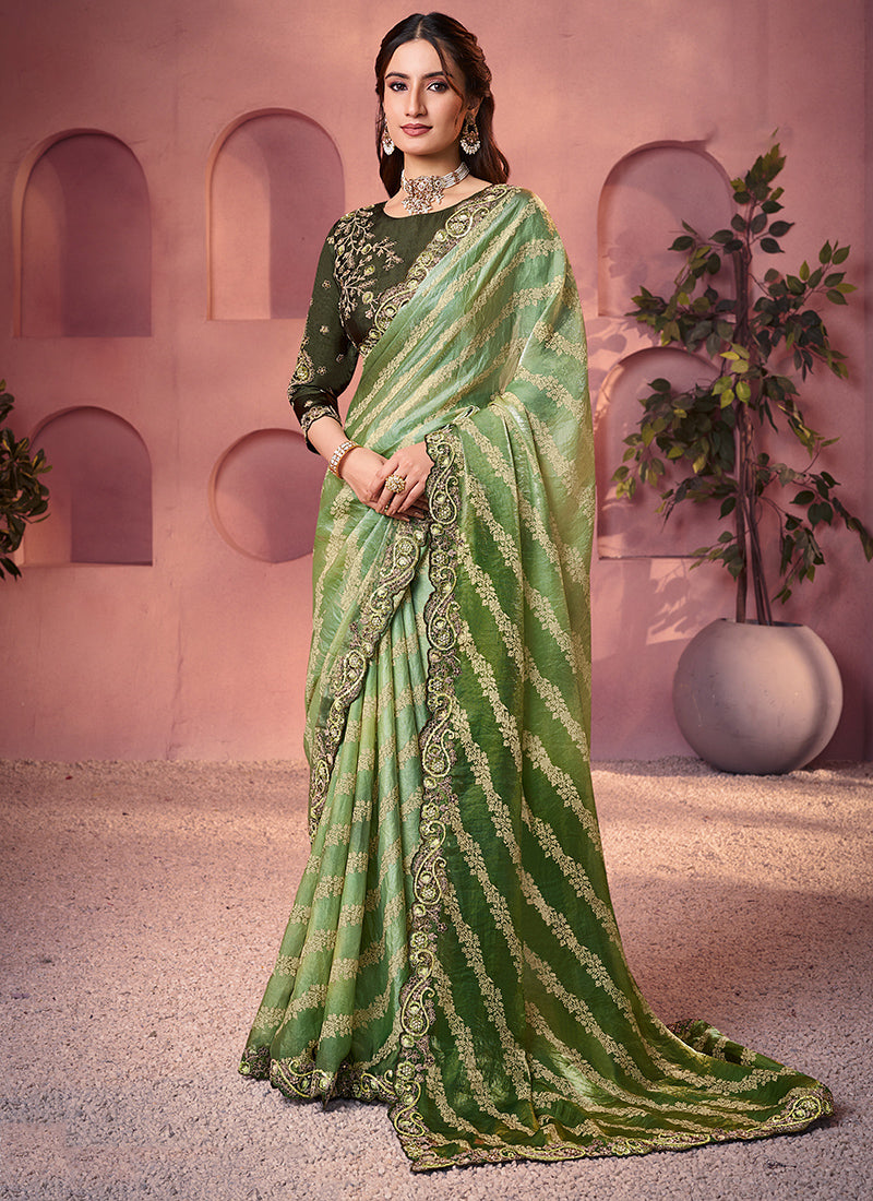 Satin Silk Light Green Saree with Embroidery Work for Festival Wear 384498