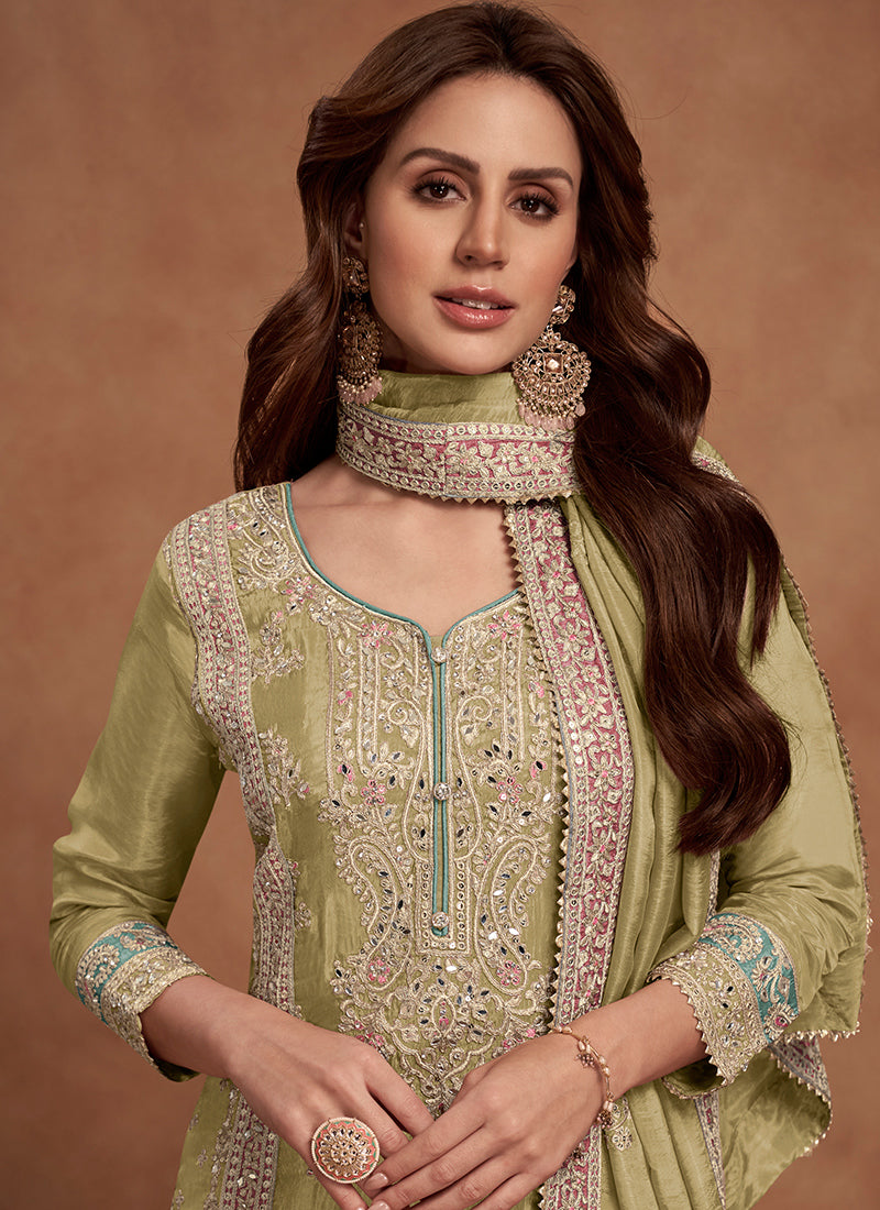 Light Green Shimmer Silk Embroidery Work Festival Wear Readymade Plazzo Suit SW736183
