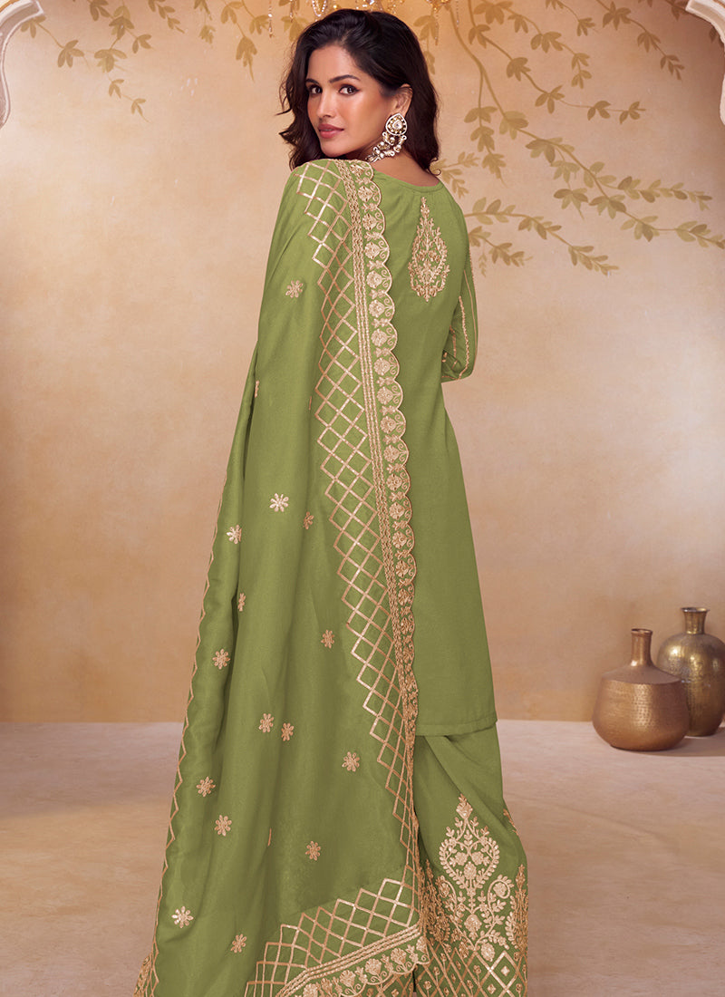 Shimmer Silk Light Green Party Wear Sequin Embroidery Work Readymade Ethnic Plazzo Suit 387230