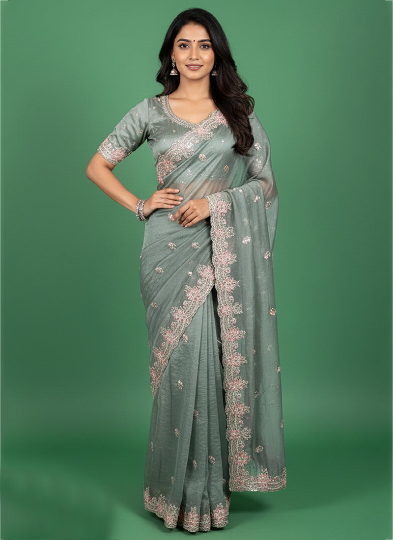 Tissue Silk Light Green Saree with Thread Embroidery Work for Wedding Wear 384487