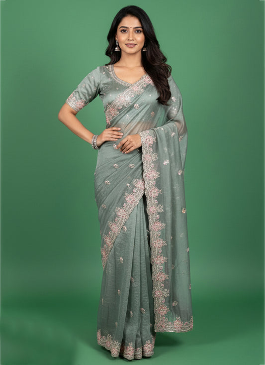 Tissue Silk Light Green Saree with Thread Embroidery Work for Wedding Wear 384487