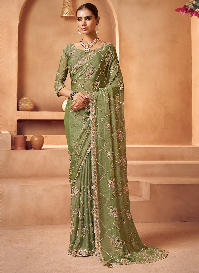 Tissue Light Green Saree with Sequin Work for Wedding Wear 381706