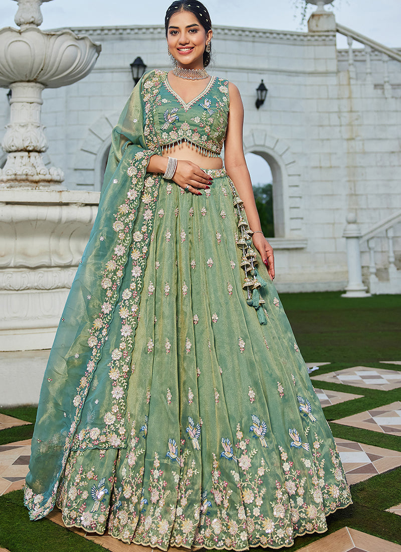 Tissue Mint Green Wedding Wear Embroidery Work Readymade Lehenga Choli
