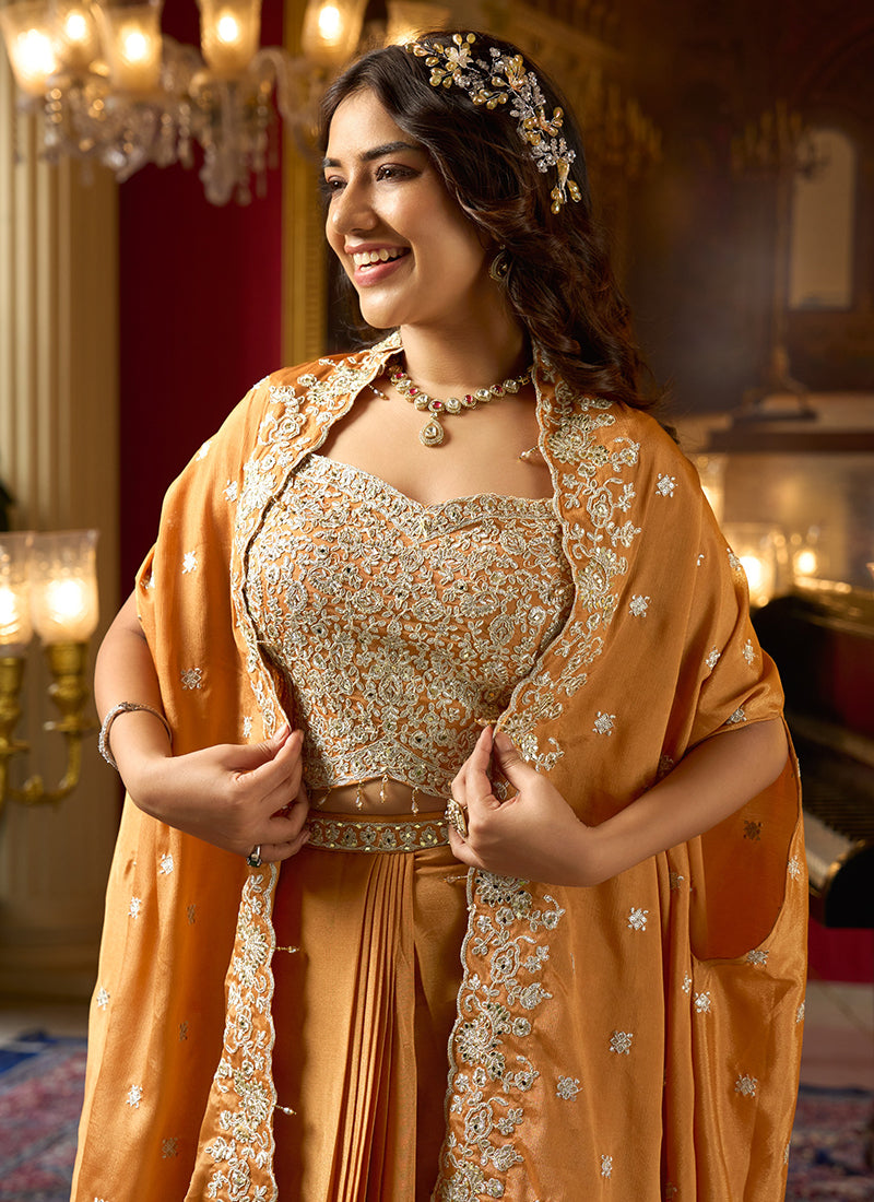 Light Orange Chinon Silk Zari Embroidery Work Party Wear Readymade Indowestern Suit SW396356