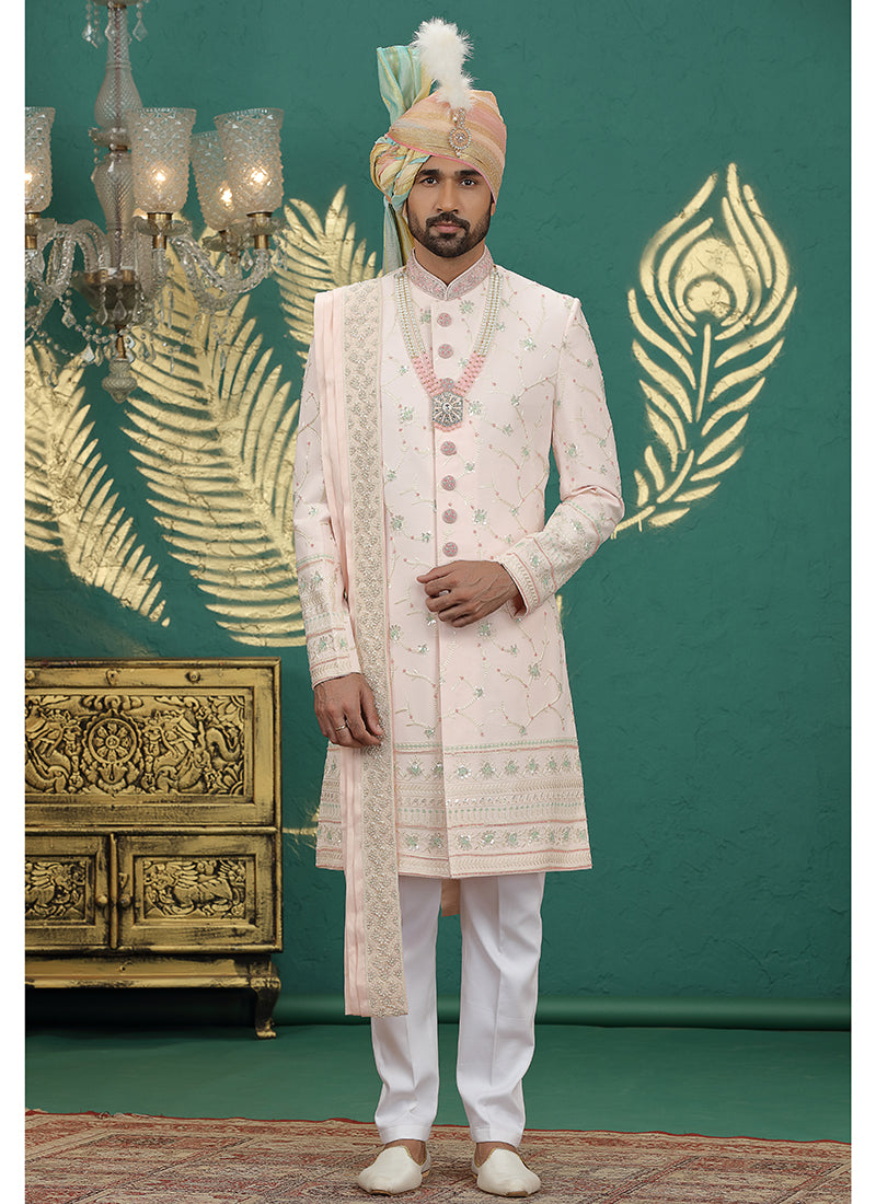 Art Silk Light Pink Groom Wear Thread Work Readymade Groom Sherwani 385483