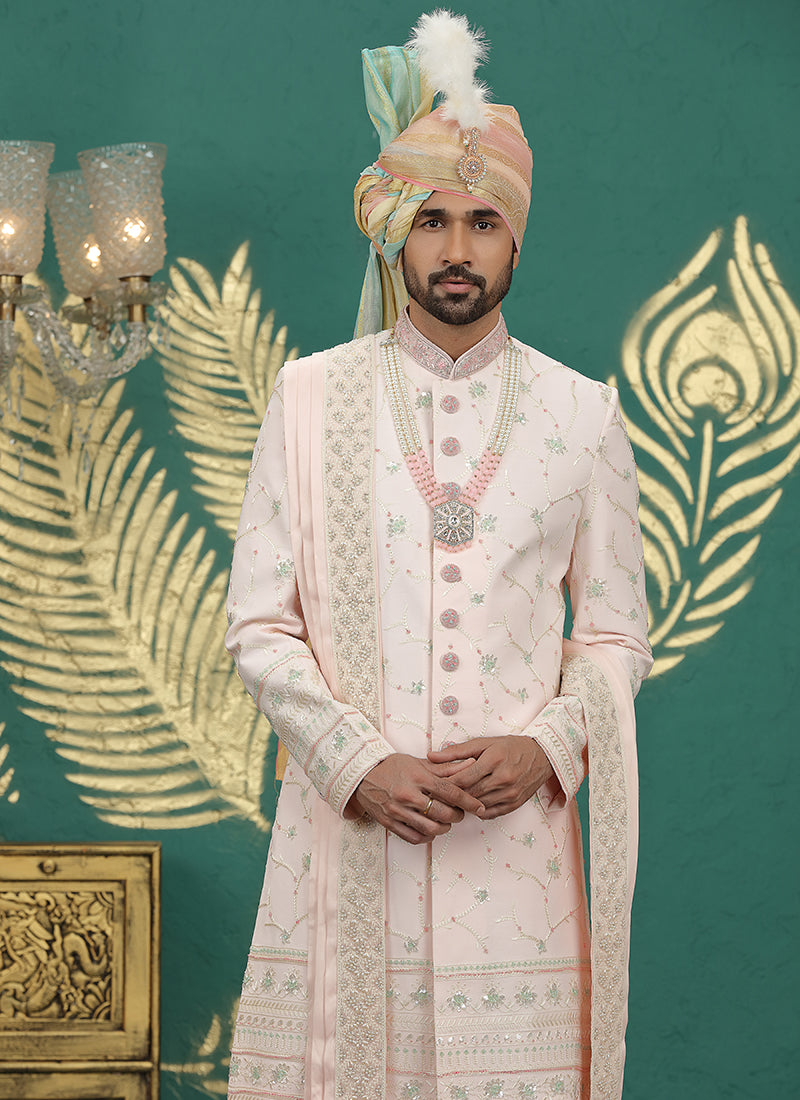 Art Silk Light Pink Groom Wear Thread Work Readymade Groom Sherwani 385483