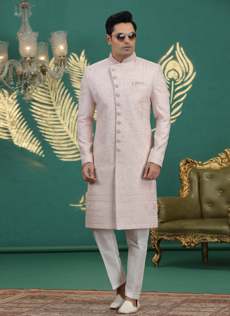 Art Silk Light Pink Wedding Wear Hand Embroidery Readymade Groom Sherwani 386002