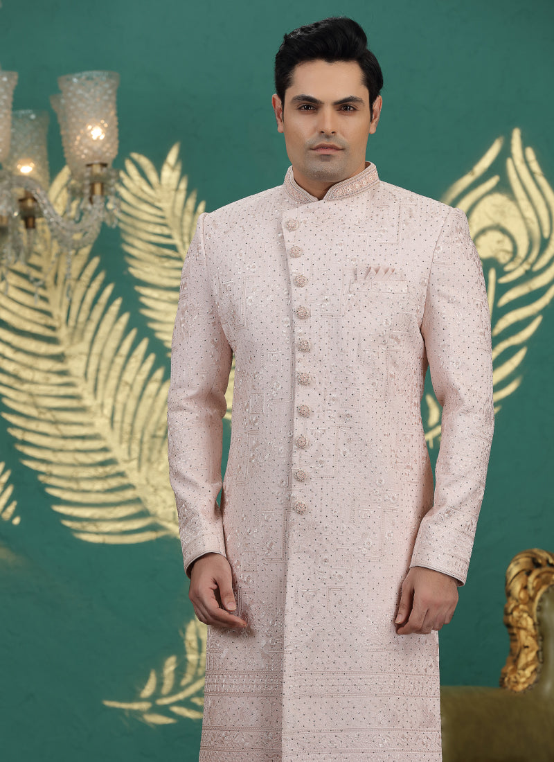 Art Silk Light Pink Wedding Wear Hand Embroidery Readymade Groom Sherwani 386002
