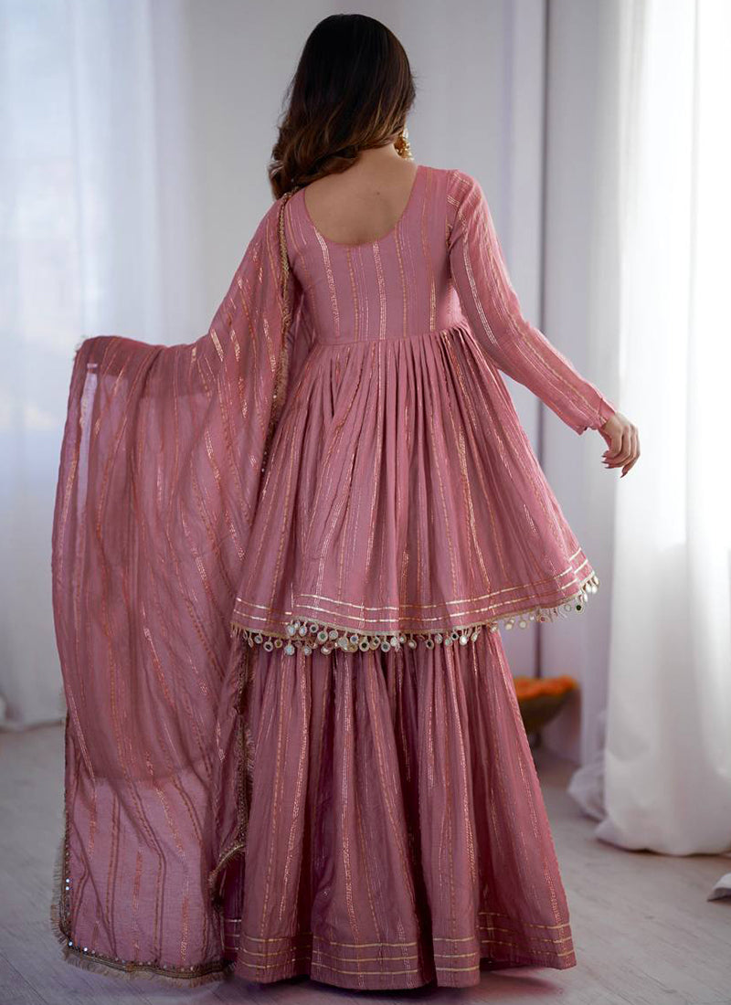 Chanderi Light Pink Festival Wear Sequins Work Readymade Sharara Suit 390690