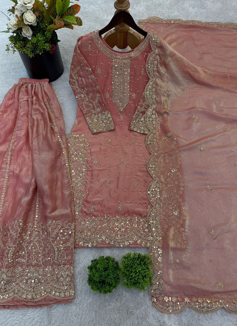 Light Pink Fendy Silk Embroidery Work Occasional Wear Readymade Plazzo Suit SW725985